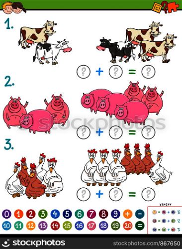 Cartoon Illustration of Educational Mathematical Subtraction Puzzle Task for Kids with Farm Animal Characters
