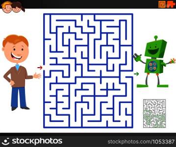 Cartoon Illustration of Educational Maze Activity Game for Children with Boy and Toy Robot Character