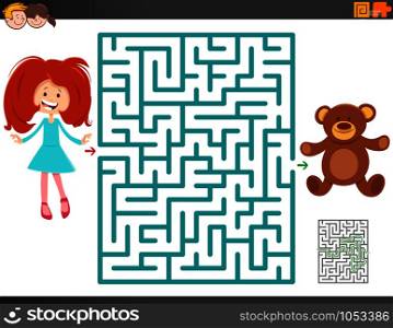 Cartoon Illustration of Educational Maze Activity Game for Children with Cute Girl and Teddy Bear Toy