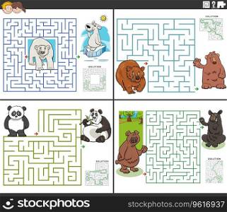 Cartoon illustration of educational maze puzzle activities set with bears wild animals characters