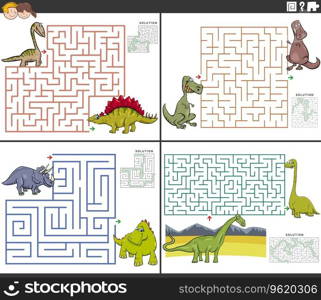 Cartoon illustration of educational maze puzzle activities set with dinosaurs prehistoric animal characters