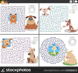 Cartoon illustration of educational maze puzzle activities set with dogs and puppies animals characters