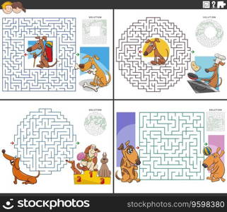 Cartoon illustration of educational maze puzzle activities set with dogs and puppies animals characters