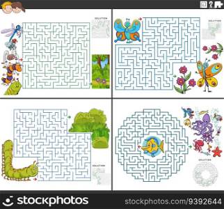 Cartoon illustration of educational maze puzzle activities set with insects and marine animals