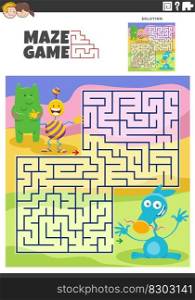 Cartoon illustration of educational maze puzzle activity for children with funny aliens or monsters characters