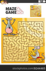 Cartoon illustration of educational maze puzzle activity for children with funny mice characters with cheese