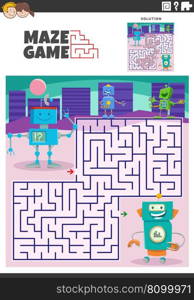 Cartoon illustration of educational maze puzzle activity for children with funny robots characters