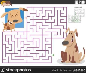 Cartoon illustration of educational maze puzzle for children with adult dog and little puppy