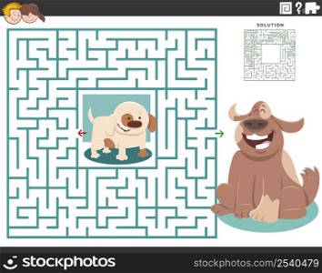 Cartoon illustration of educational maze puzzle game for children with adult dog and little puppy