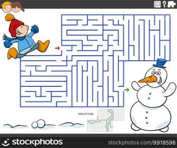 Cartoon illustration of educational maze puzzle game for children with boy and snowman