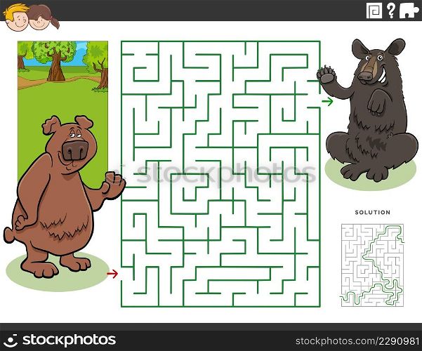 Cartoon illustration of educational maze puzzle game for children with brown bear and black bear animal characters
