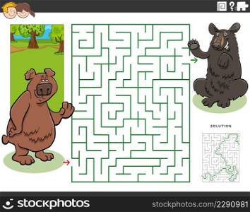 Cartoon illustration of educational maze puzzle game for children with brown bear and black bear animal characters