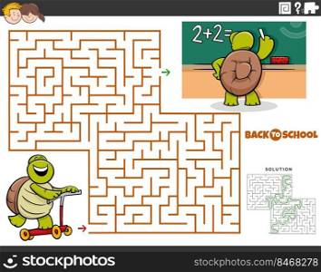 Cartoon illustration of educational maze puzzle game for children with comic turtle riding a scooter to school