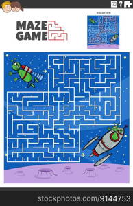 Cartoon illustration of educational maze puzzle game for children with funny alien characters