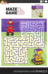 Cartoon illustration of educational maze puzzle game for children with funny robot characters