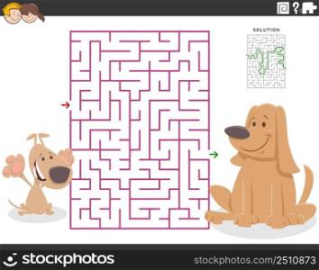 Cartoon illustration of educational maze puzzle game for children with mom dog and little puppy