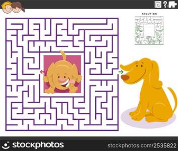 Cartoon illustration of educational maze puzzle game for children with mother dog and cute little puppy