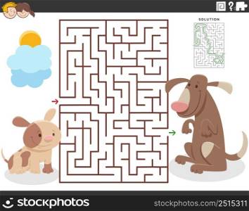 Cartoon illustration of educational maze puzzle game for children with mother dog and little puppy