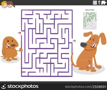 Cartoon illustration of educational maze puzzle game for children with mother dog and puppy