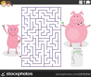 Cartoon illustration of educational maze puzzle game for children with mother pig and little piglet