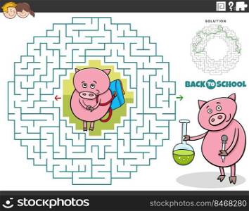 Cartoon illustration of educational maze puzzle game for children with piglet pupil going to school