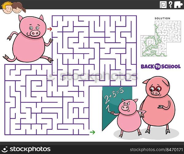 Cartoon illustration of educational maze puzzle game for children with piglet pupil running to school