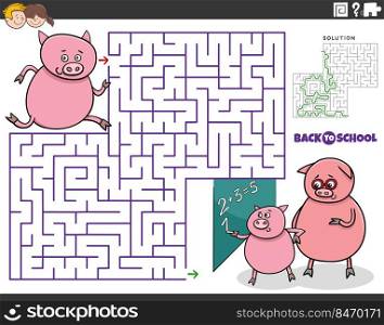 Cartoon illustration of educational maze puzzle game for children with piglet pupil running to school