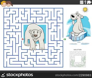 Cartoon illustration of educational maze puzzle game for children with polar bears animal characters