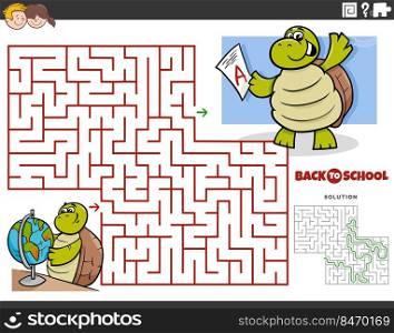 Cartoon illustration of educational maze puzzle game for children with turtle pupil studying for a geography test