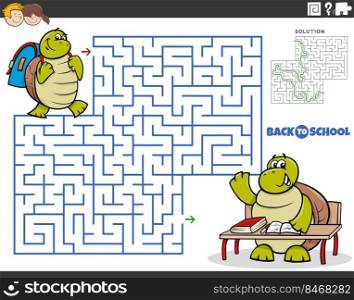 Cartoon illustration of educational maze puzzle game for children with turtle pupil going to school