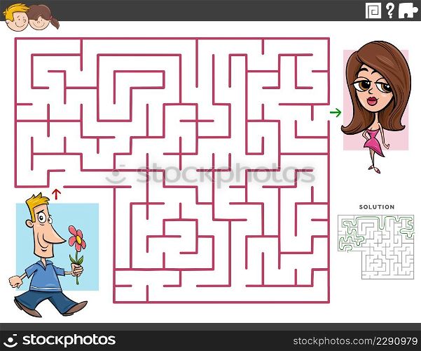 Cartoon illustration of educational maze puzzle game with man giving flower to his girlfriend