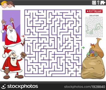 Cartoon illustration of educational maze puzzle game with Santa Claus characters and sacks of Christmas presents