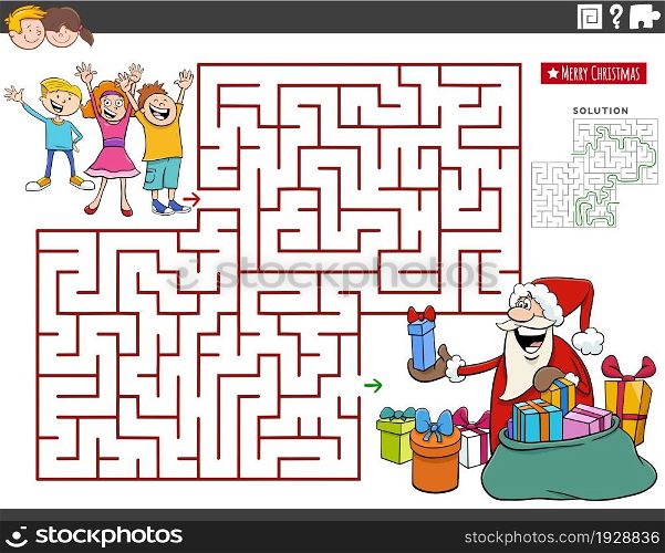 Cartoon illustration of educational maze puzzle game with Santa Claus giving children Christmas presents