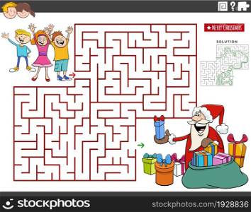 Cartoon illustration of educational maze puzzle game with Santa Claus giving children Christmas presents