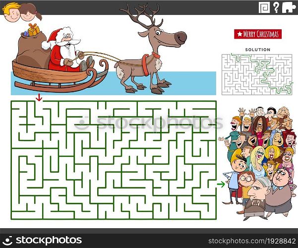 Cartoon illustration of educational maze puzzle game with Santa Claus on sleigh with Christmas presents and people crowd