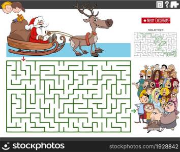 Cartoon illustration of educational maze puzzle game with Santa Claus on sleigh with Christmas presents and people crowd