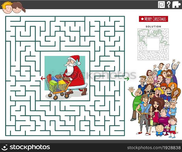 Cartoon illustration of educational maze puzzle game with Santa Claus with shopping cart of Christmas presents and group of people