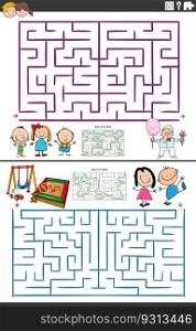 Cartoon illustration of educational maze puzzle games set with children characters