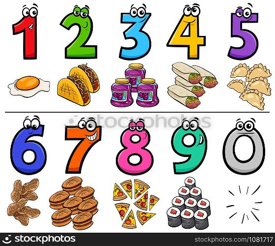 Cartoon Illustration of Educational Numbers Collection from One to Nine with Food Objects