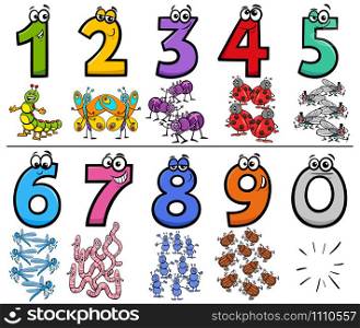 Cartoon Illustration of Educational Numbers Collection from One to Nine with Funny Insects Animal Characters