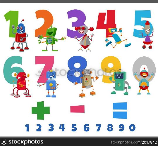 Cartoon illustration of educational numbers set from one to nine with fantasy robots characters