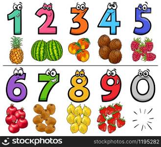Cartoon Illustration of Educational Numbers Set from One to Nine with Fruits Food Objects