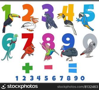 Cartoon illustration of educational numbers set from one to nine with funny birds animal characters