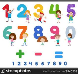 Cartoon illustration of educational numbers set from one to nine with funny children characters