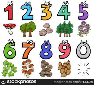 Cartoon Illustration of Educational Numbers Set from One to Nine with Nature Objects