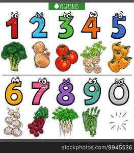 Cartoon illustration of educational numbers set from one to nine with vegetables food objects