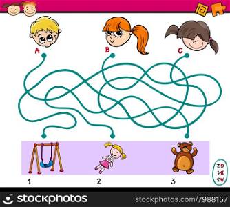 Cartoon Illustration of Educational Paths or Maze Puzzle Task for Preschoolers with Children and Toys