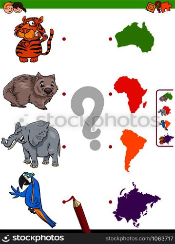 Cartoon Illustration of Educational Pictures Matching Game for Children with Animal Characters and Continent Shapes