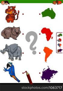 Cartoon Illustration of Educational Pictures Matching Game for Children with Animal Characters and Continent Shapes