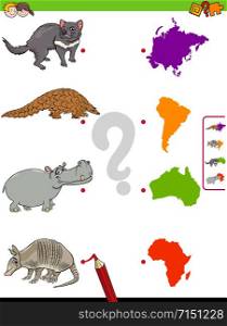 Cartoon Illustration of Educational Pictures Matching Game for Children with Animal Species Characters and Continent Silhouettes